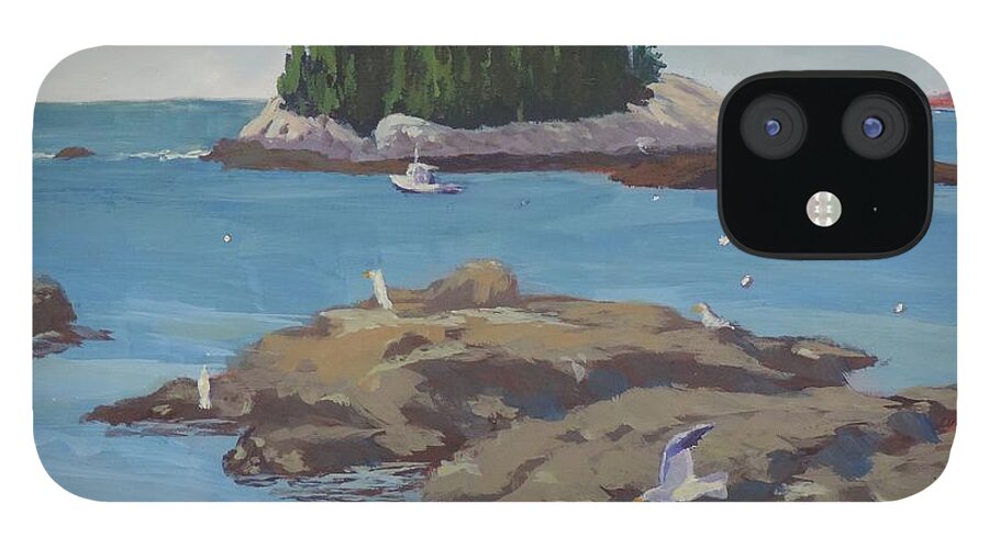 Gulls At Five Islands iPhone 12 Case featuring the painting Gulls at Five Islands - Art by Bill Tomsa by Bill Tomsa