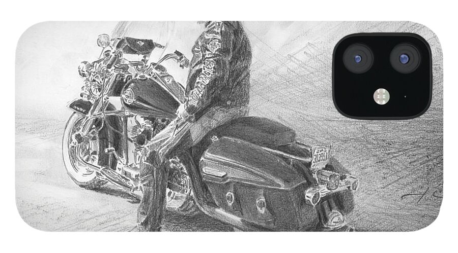 <a Href=http://miketheuer.com Target =_blank>www.miketheuer.com</a> Harley Rider Pencil Portrait iPhone 12 Case featuring the drawing Harley Rider Pencil Portrait by Mike Theuer