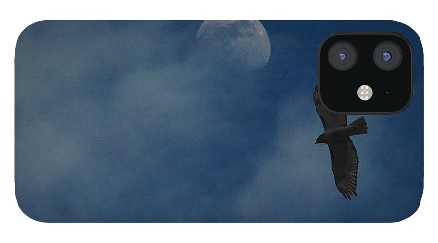 Hawk iPhone 12 Case featuring the photograph Hawk and Moon Coming Out of the Mist by Raymond Salani III