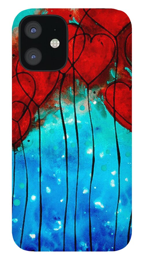 Red iPhone 12 Case featuring the painting Hearts on Fire - Romantic Art By Sharon Cummings by Sharon Cummings
