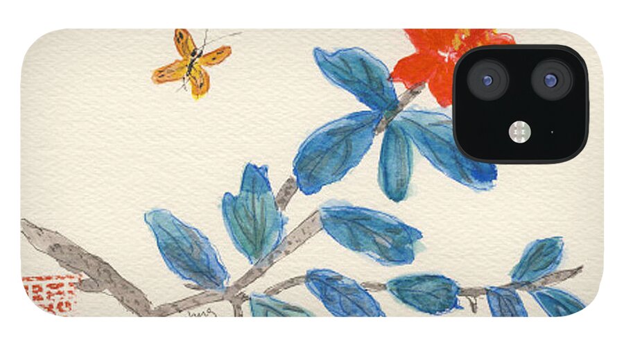 Flowers iPhone 12 Case featuring the painting Hibiscus with Butterfly by Linda Feinberg