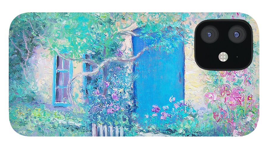 Cottage Garden iPhone 12 Case featuring the painting Hollyhocks garden by Jan Matson