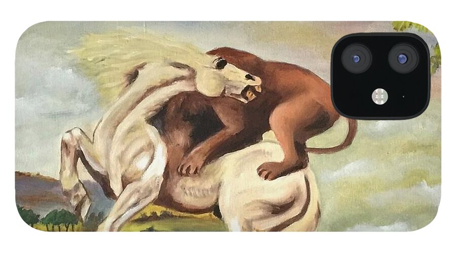Art iPhone 12 Case featuring the painting Horse Attacked By A Lion by Ryszard Ludynia