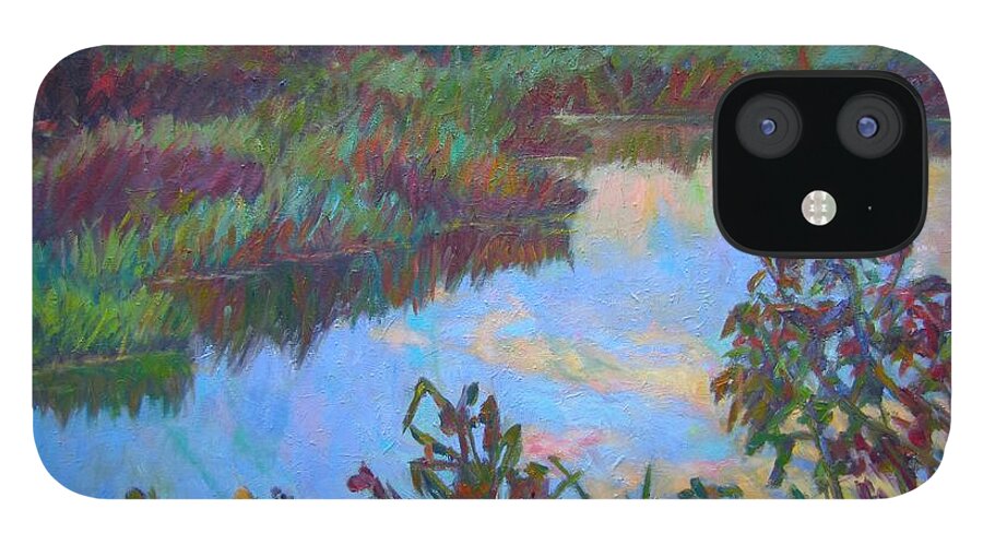 Landscape iPhone 12 Case featuring the painting Huckleberry Line Trail Rain Pond by Kendall Kessler