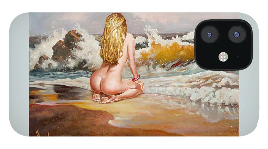  Naked Girl iPhone 12 Case featuring the painting I wait for the waves - not the ship by Dusan Vukovic