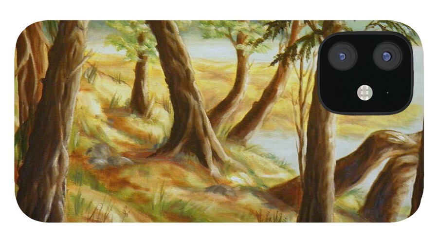 Trees Water Mountains Clouds Grass Branches Soil Ground Hill Bog Reeds Leaves Fir Cedar Rocks Trunks Path Sunlight Shadow Green Yellow Blue Orange Brown White Nature Landscape Sea Inlet iPhone 12 Case featuring the painting Interlude by Ida Eriksen