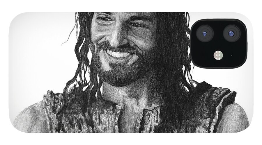 Drawing iPhone 12 Case featuring the drawing Jesus Smiling by Bobby Shaw
