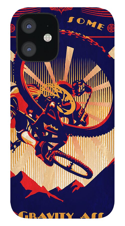 Retro Mountain Biking Poster iPhone 12 Case featuring the painting Kick Some Gravity Ass by Sassan Filsoof