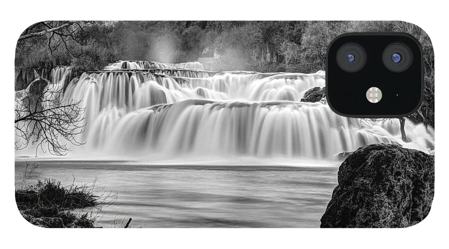 Phenomenon iPhone 12 Case featuring the photograph Krka waterfalls BW by Ivan Slosar