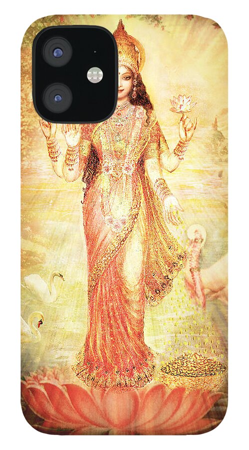 Goddess iPhone 12 Case featuring the mixed media Lakshmi Goddess of Fortune vintage by Ananda Vdovic