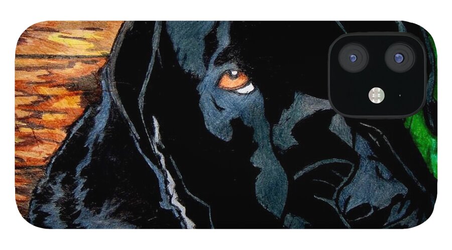 Black Dog Paintings iPhone 12 Case featuring the drawing Lily the dog by Jon Kittleson