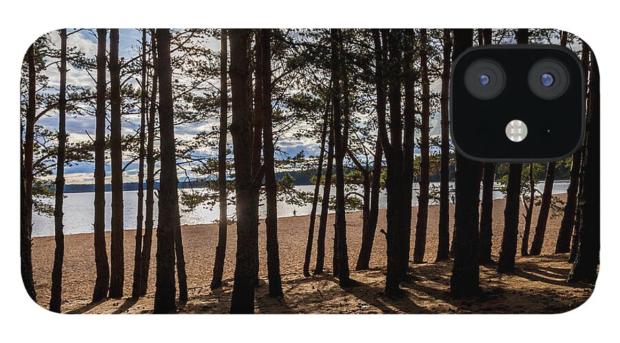 Sand iPhone 12 Case featuring the photograph Loch Morlich Through The Trees by Diane Macdonald