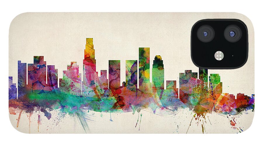 Watercolour iPhone 12 Case featuring the digital art Los Angeles City Skyline by Michael Tompsett
