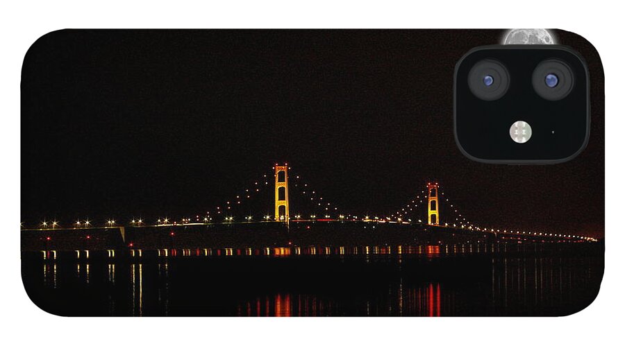 Mackinac Bridge iPhone 12 Case featuring the photograph Mackinac Bridge and Moon by Randy Pollard
