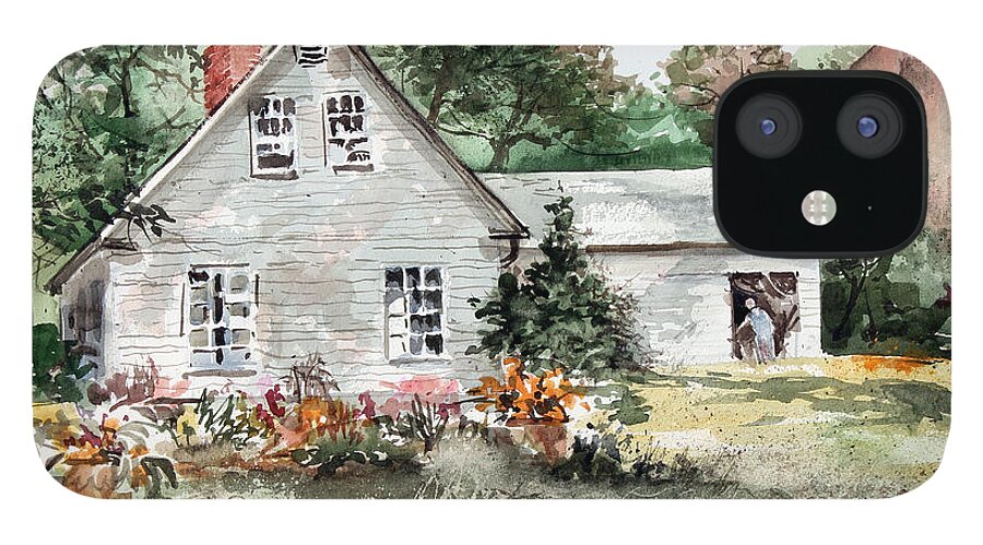A Front Lawn Filled With Summer Flowers Decorate This Beautiful Home In Maine. iPhone 12 Case featuring the painting Maine Sunshine by Monte Toon