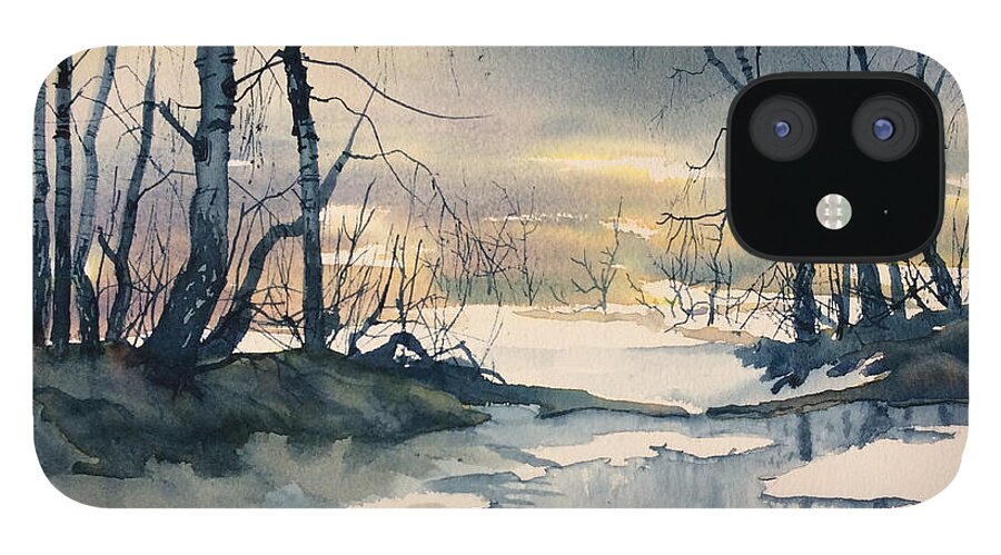 Glenn Marshall Yorkshire Artist iPhone 12 Case featuring the painting Melt Water on Skipwith Common by Glenn Marshall