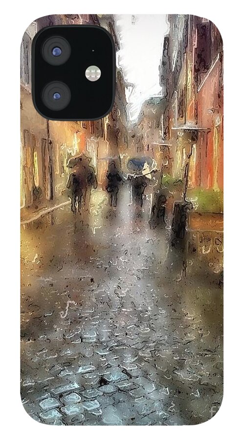 Rain iPhone 12 Case featuring the mixed media misty day in Rome by Lauren Serene