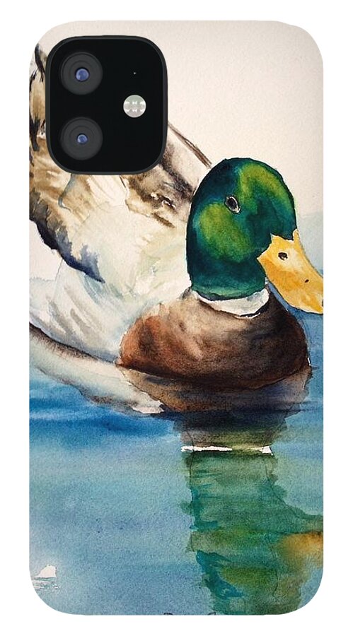 Watercolor iPhone 12 Case featuring the painting Mr duck by Diane Ziemski