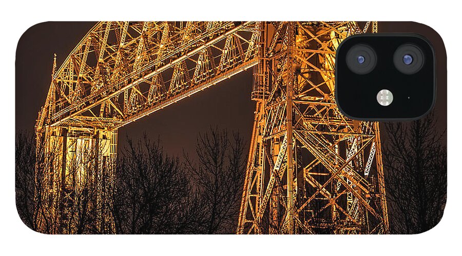 Aerial iPhone 12 Case featuring the photograph Night At Duluth Aerial Lift Bridge by Paul Freidlund
