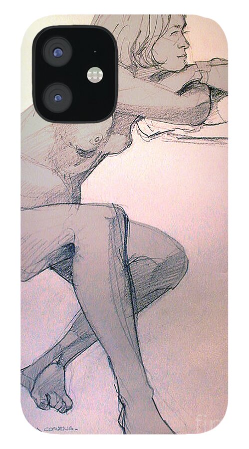 Nude iPhone 12 Case featuring the drawing Nude of a dreamy young woman by Greta Corens