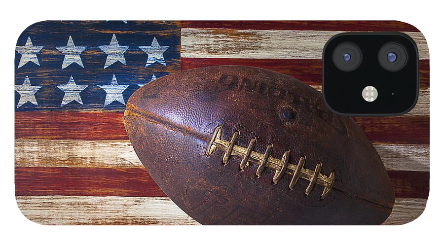 Football iPhone 12 Case featuring the photograph Old Football On American Flag by Garry Gay