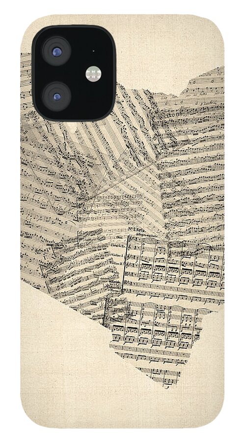Africa Map iPhone 12 Case featuring the digital art Old Sheet Music Map of Kenya Map by Michael Tompsett
