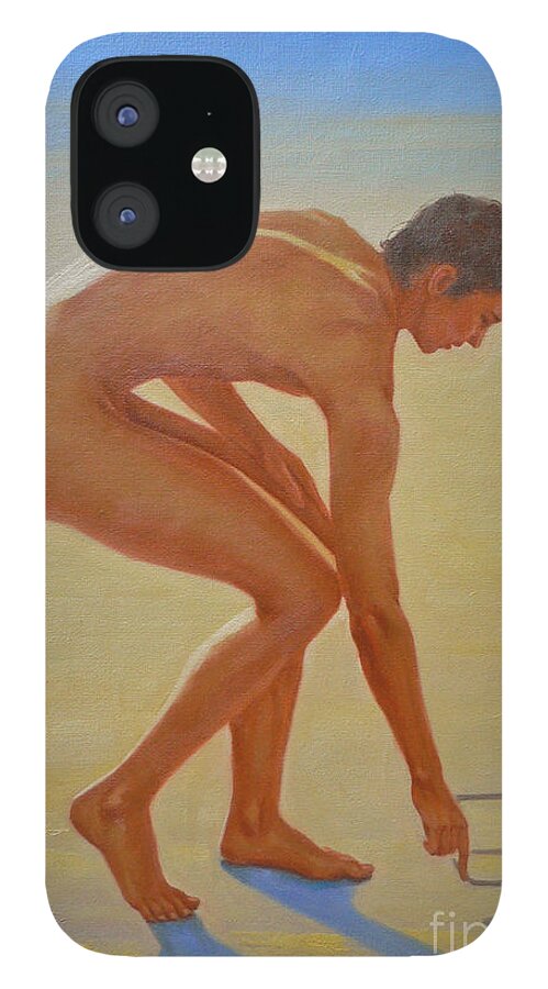 Original iPhone 12 Case featuring the painting Original Young Man Body Oil Painting Gay Art - Male Nude By The Sea-055 by Hongtao Huang