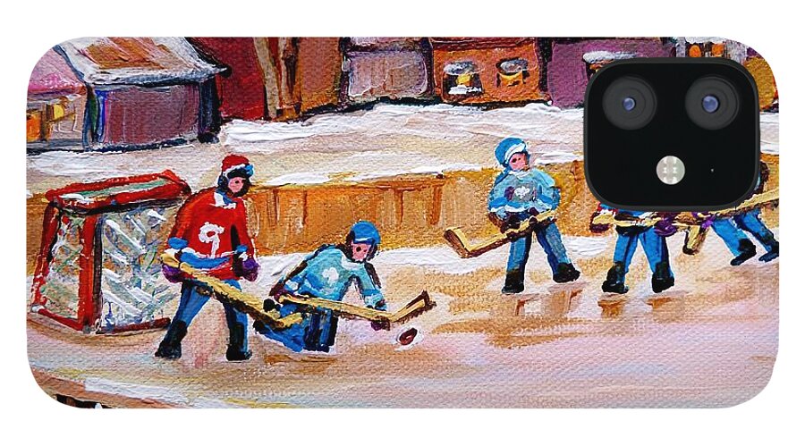 Country Hockey Rink iPhone 12 Case featuring the painting Outdoor Rink Hockey Game In The Village Hockey Art Canadian Landscape Scenes Carole Spandau by Carole Spandau