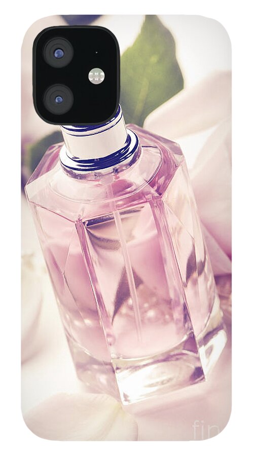 Bottle iPhone 12 Case featuring the photograph Perfume Bottle with roses and pearls still life by Jelena Jovanovic