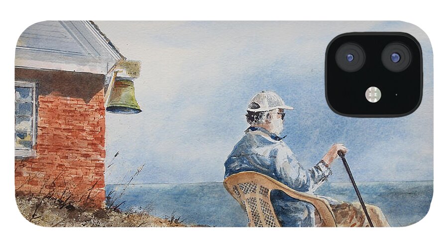 A Gentleman Looks To Sea At The Pemaquid Point Lighthouse On Mid-coast Maine.  iPhone 12 Case featuring the painting Passing Time by Monte Toon