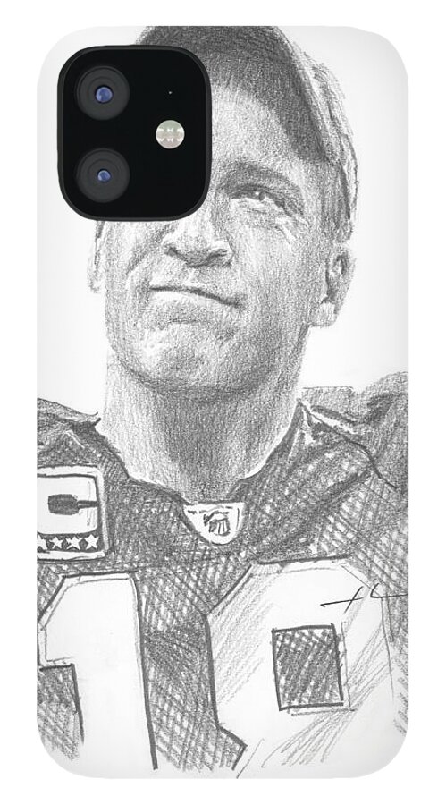 <a Href=http://miketheuer.com Target =_blank>www.miketheuer.com</a> Peyton Manning Colts Farewell Pencil Portrait iPhone 12 Case featuring the painting Peyton Manning Colts Farewell Pencil Portrait by Mike Theuer