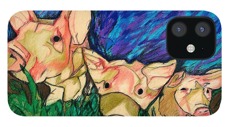 Pigs iPhone 12 Case featuring the drawing Piggy Sue and her gang by Jon Kittleson