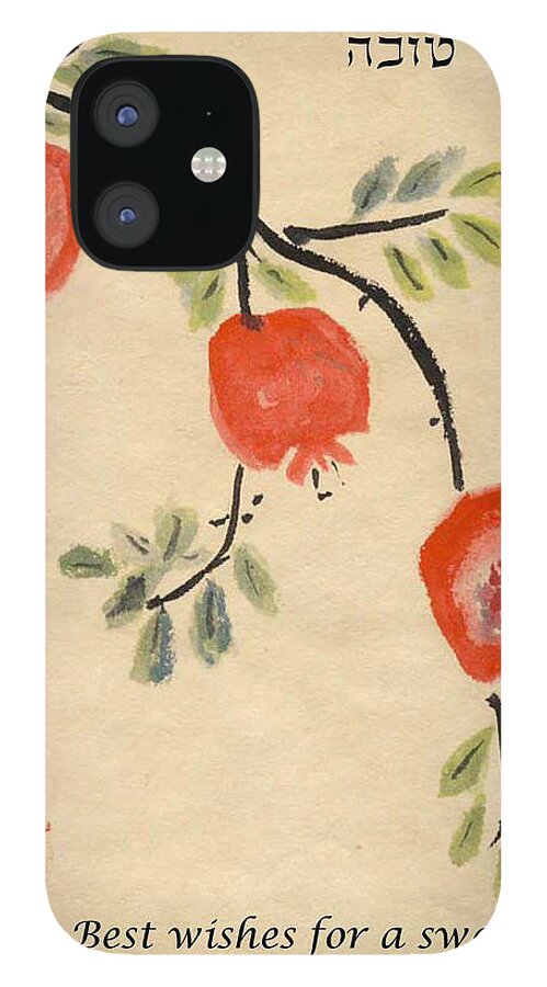 Jewish New Year iPhone 12 Case featuring the painting Pomegranates for Rosh Hashanah by Linda Feinberg