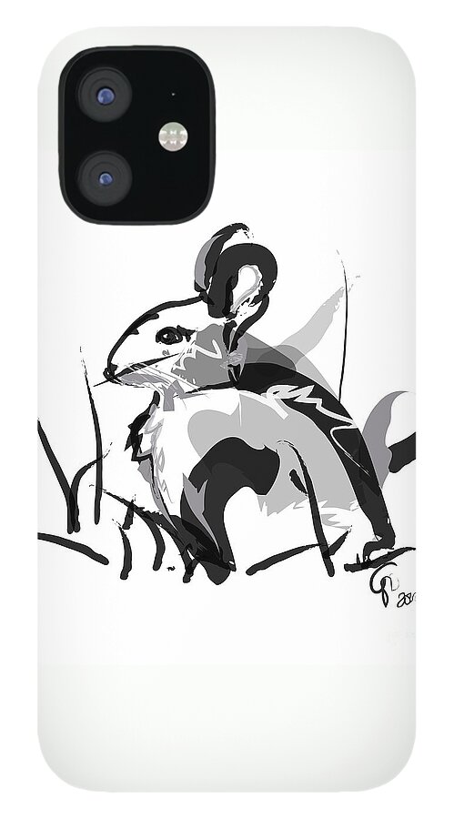 Rabbits iPhone 12 Case featuring the painting Rabbit Bunny Black White Grey by Go Van Kampen