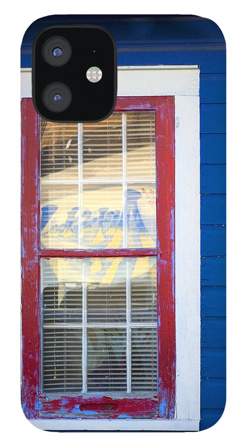 Window iPhone 12 Case featuring the photograph Red and White Window in Blue Wall by Lynn Hansen