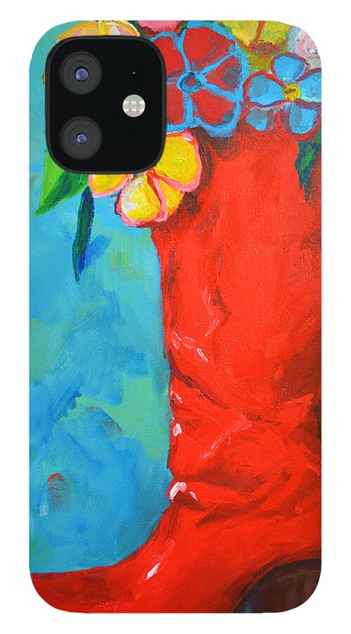 Art iPhone 12 Case featuring the painting Red Boot with Flowers by Patricia Awapara