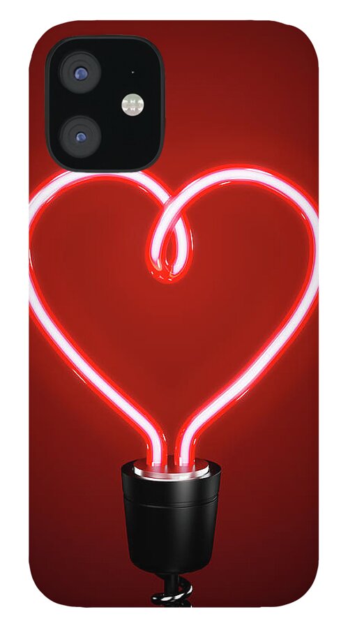 Black Background iPhone 12 Case featuring the photograph Red Heart Shaped Energy Saving Lightbulb by Atomic Imagery