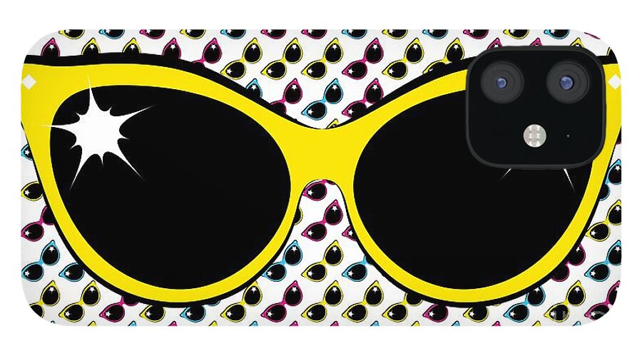 Sunglasses iPhone 12 Case featuring the digital art Retro Yellow Cat Sunglasses by MM Anderson