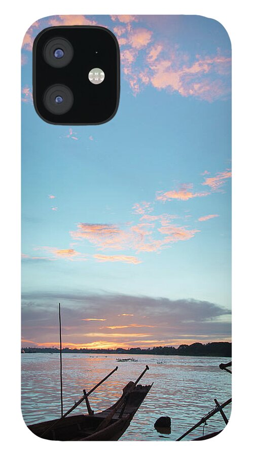 Scenics iPhone 12 Case featuring the photograph River Ferry At Sunset. Pathein.myanmar by Eitan Simanor