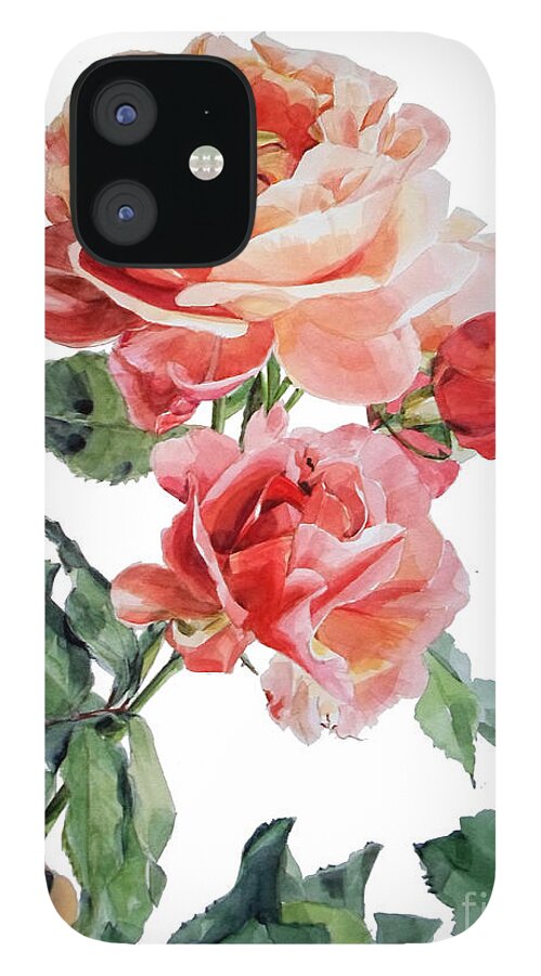 Watercolor iPhone 12 Case featuring the painting Watercolor of Red Roses on a stem I call Rose Maurice Corens by Greta Corens