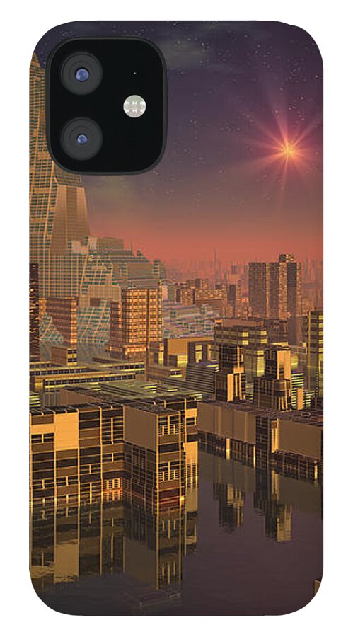 Sci Fi iPhone 12 Case featuring the digital art Rujjipet Sunset Alien Cityscape by Judi Suni Hall