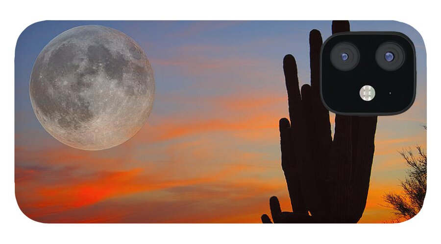 Sunrise iPhone 12 Case featuring the photograph Saguaro Full Moon Sunset by James BO Insogna