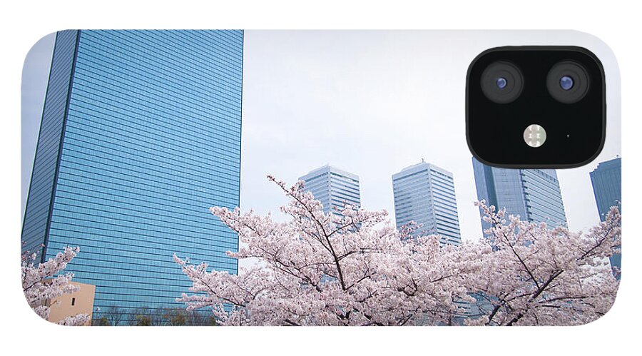 Osaka Prefecture iPhone 12 Case featuring the photograph Sakura With Buildings by Silence Photo