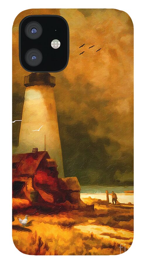 Lighthouse iPhone 12 Case featuring the digital art Sandy Hook Lighthouse - after Moran by Lianne Schneider
