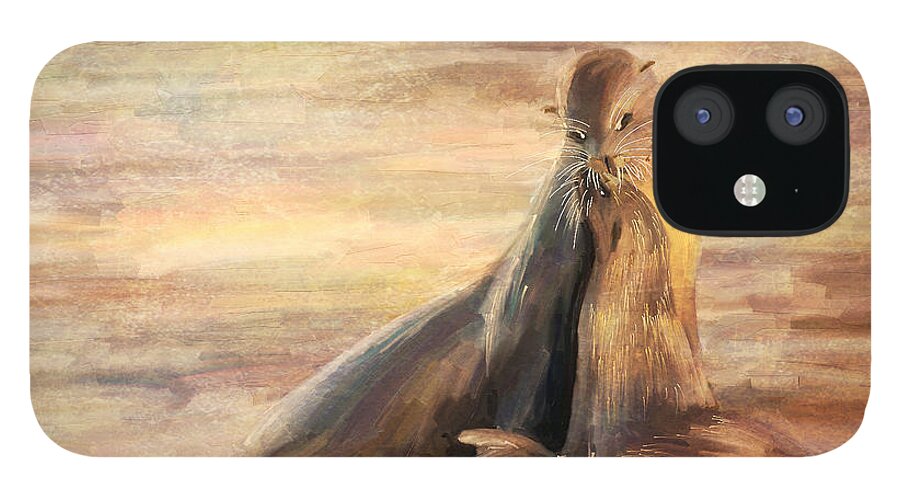Sea Lion iPhone 12 Case featuring the painting Sea Lion Mom and Pup Love on Galapagos Island by Angela Stanton