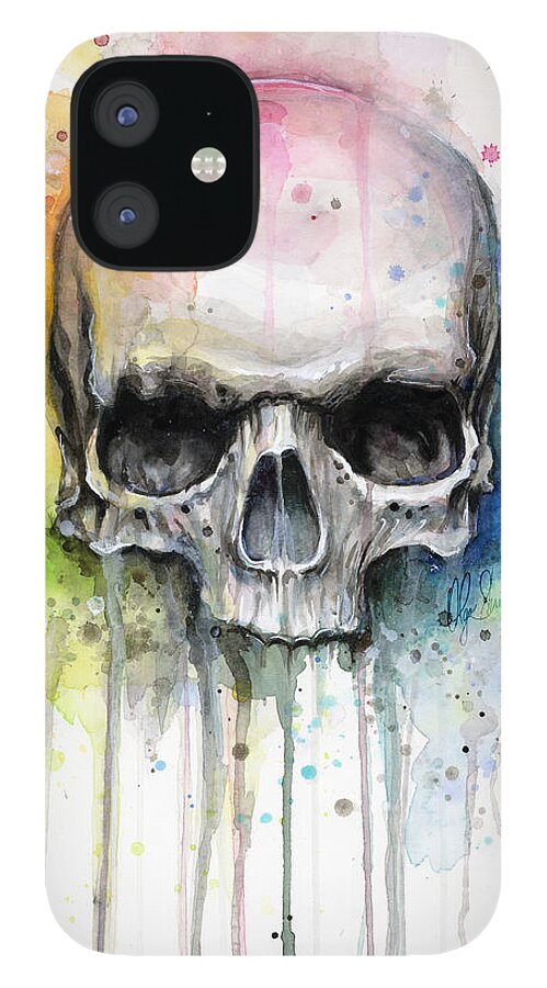 Skull iPhone 12 Case featuring the painting Skull Watercolor Painting by Olga Shvartsur
