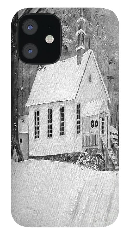 Gates Chapel United Methodist Church In Ellijay iPhone 12 Case featuring the painting Snowy Gates Chapel -White Church - Portrait view by Jan Dappen
