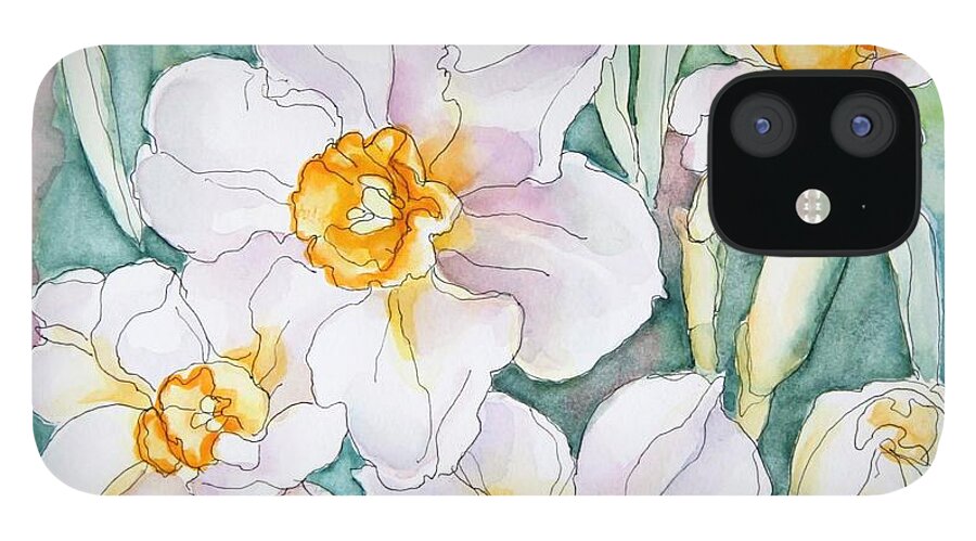 Daffodil iPhone 12 Case featuring the painting Spring Daffodils by Inese Poga