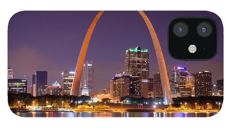 St. Louis Skyline iPhone 12 Case featuring the photograph St. Louis Skyline at Night Gateway Arch Color Panorama Missouri by Jon Holiday