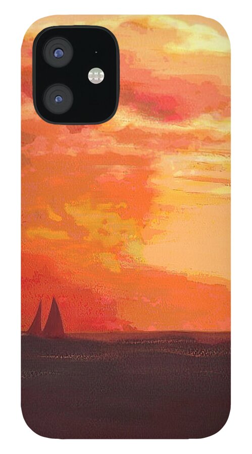 Sail Boat iPhone 12 Case featuring the painting SUNRISE and SAILS EMERALD ISLE NORTH CAROLINA by G Linsenmayer